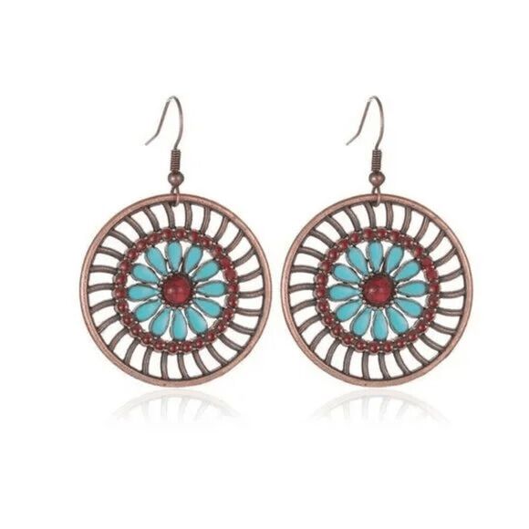 2/$21 Aztec Round Teal Hoop Earrings - Picture 3 of 6